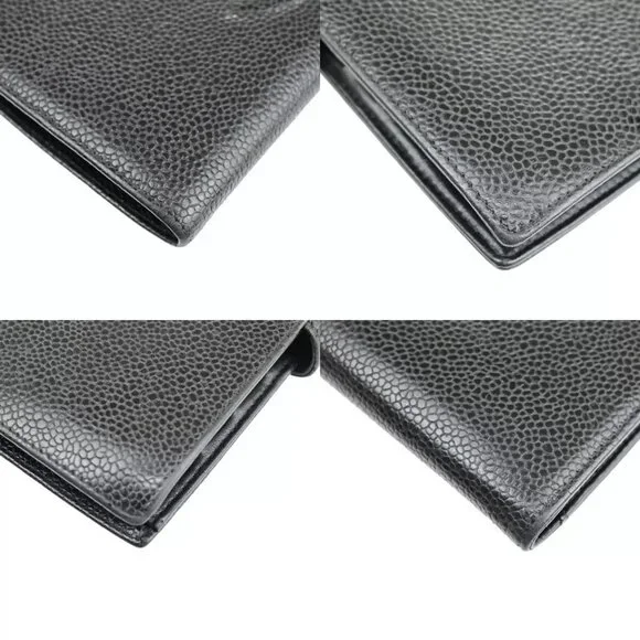 CHANEL CC Logo Long Bifold Wallet Purse Caviar Skin Leather Black France